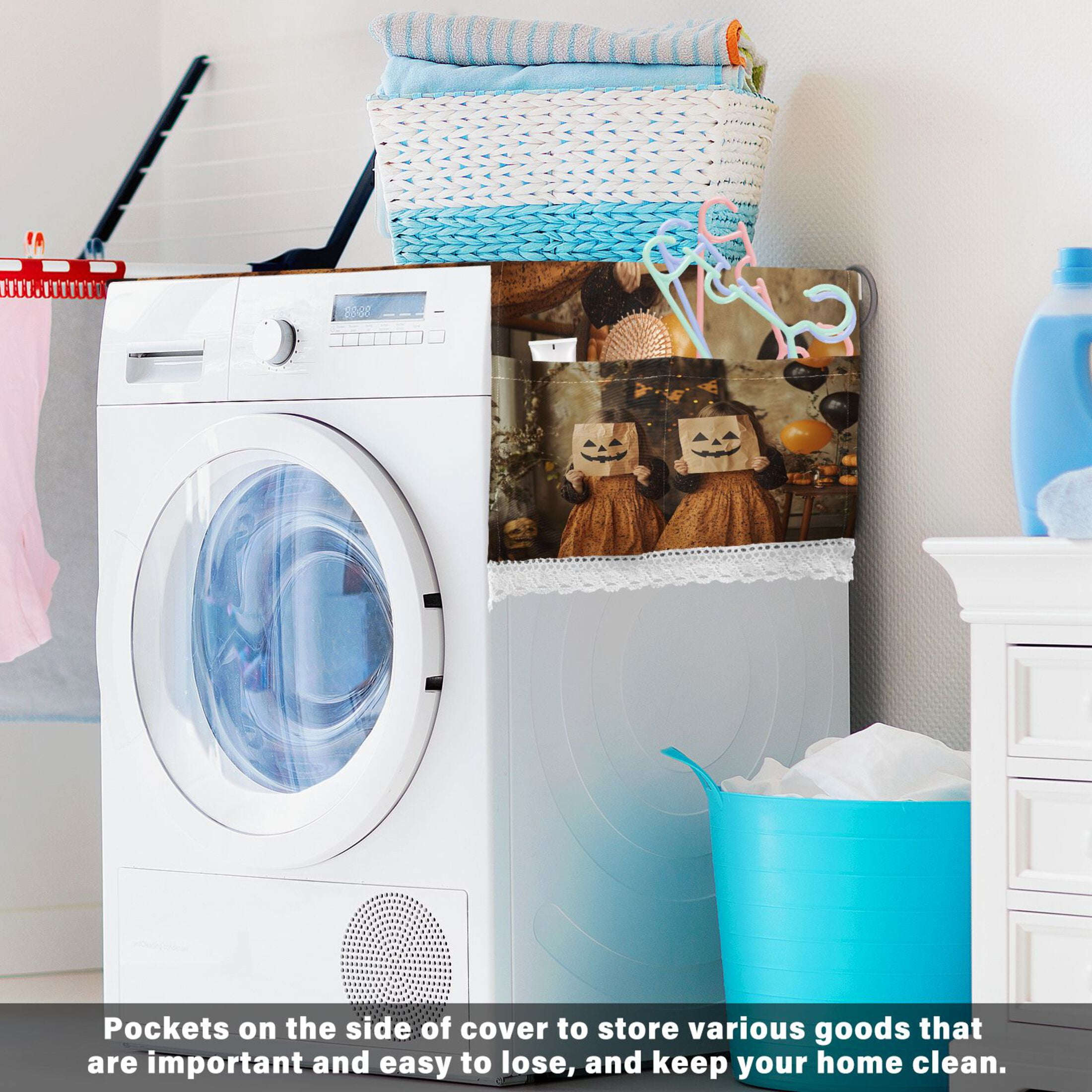 Halloween CostumesWasher and Dryer Covers Dust-Proof and Oil Resistant Fridge Cover with 4 Storage Pockets Washing Machine Top Cover for Laundry Kitchen Home 51.2 x 22 In