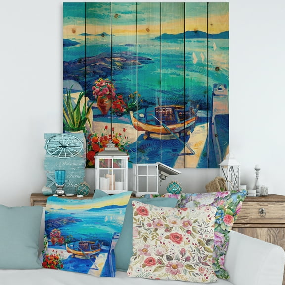 Designart 'Little Red Flowers With Sea View' Nautical & Coastal Print on Natural Pine Wood