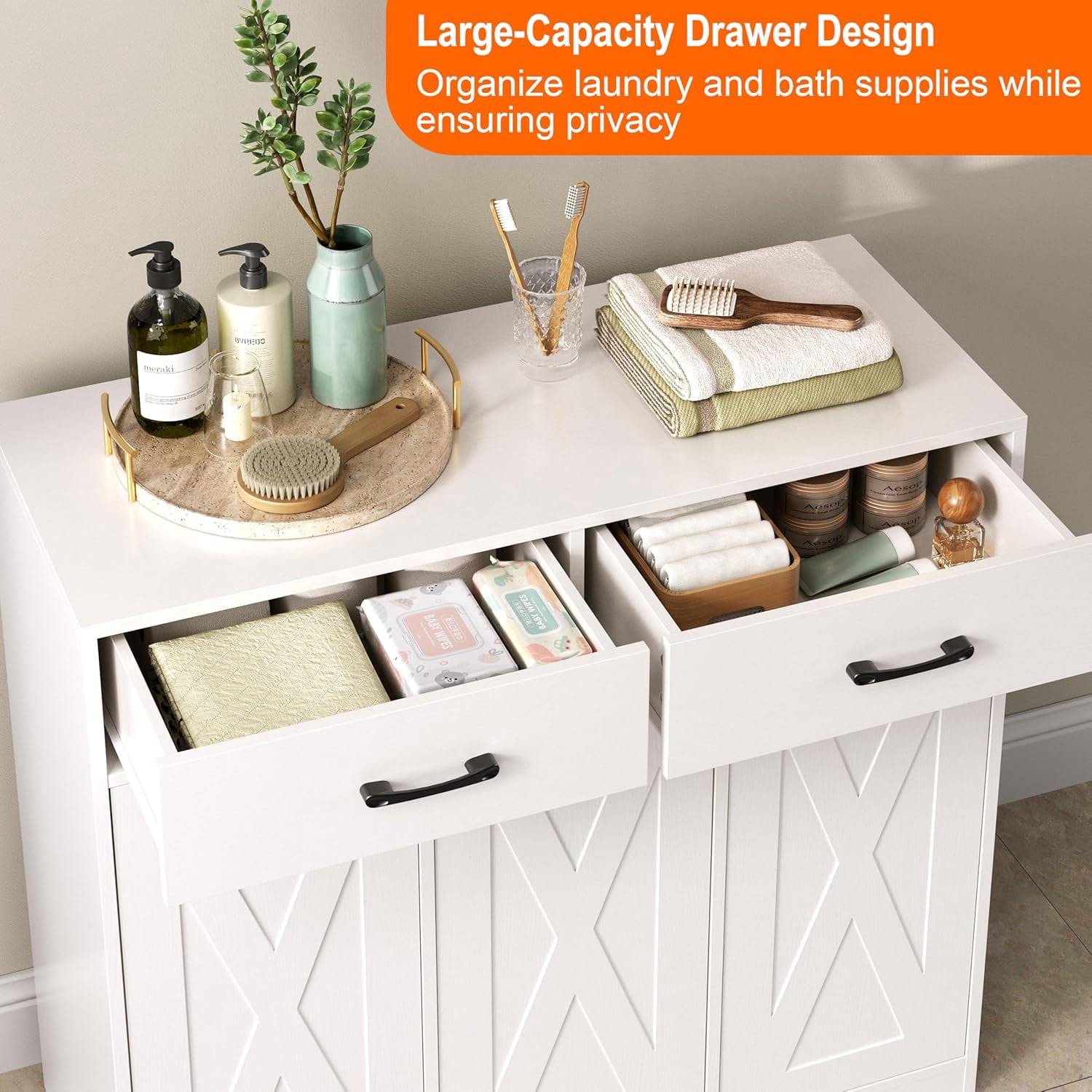 Laundry Hamper Cabinet, Laundry Basket 3 Section with 2 Storage Drawers, Laundry Sorter with Pull-Out Removable Large Bags, 3 x 15.87 Gallons (60L), for Laundry Room Bathroom, White YL01XLW