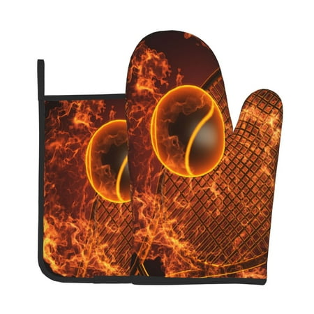 

Jgfou Tennis Racket In Fire Pattern Oven Mitts and Pot Holders Sets Heat Resistant Oven Mittens Soft Lining Extra Thicken Long Kitchen Cotton Oven Glove for Cooking