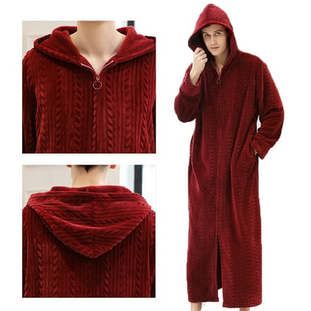 

Winter Unisex Zipper Hooded Sleepwear Nightgown with Pocket Wine red XL