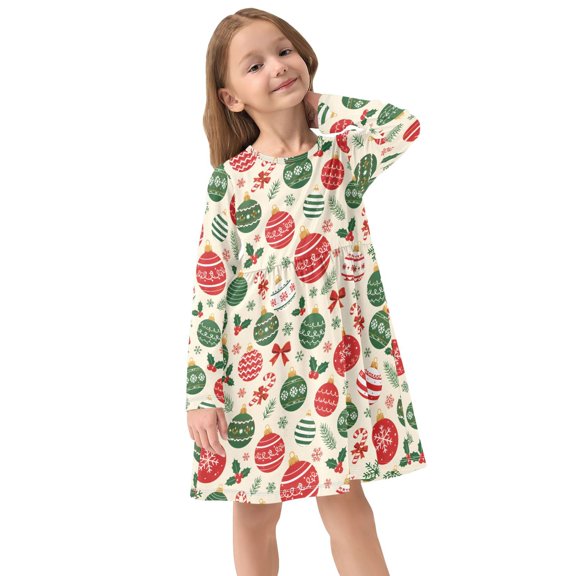 Girls Dress Soft Casual Long Sleeve Cute Dress for Girls Fashion Prints Christmas Ball Crew Neck
