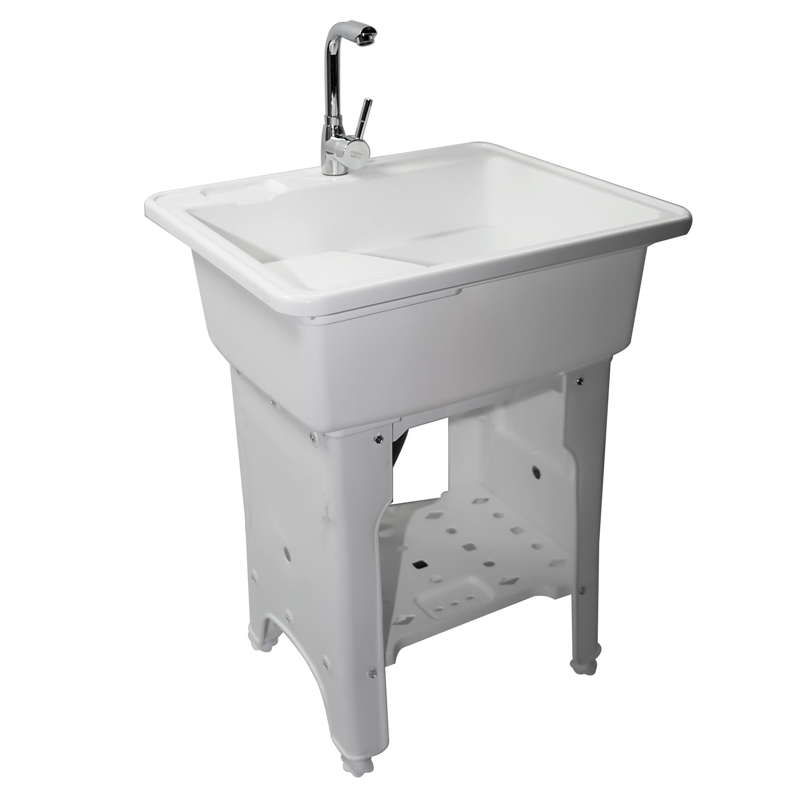 Freestanding Plastic Utility Sink Laundry Tub outdoor sink Drop in Deep sink kit with Inlet and Drain Pipe with Hot&Cold Faucet,Basement for Laundry Room&Garage or Shop,Size:25.59*21.65*31.5in(white)
