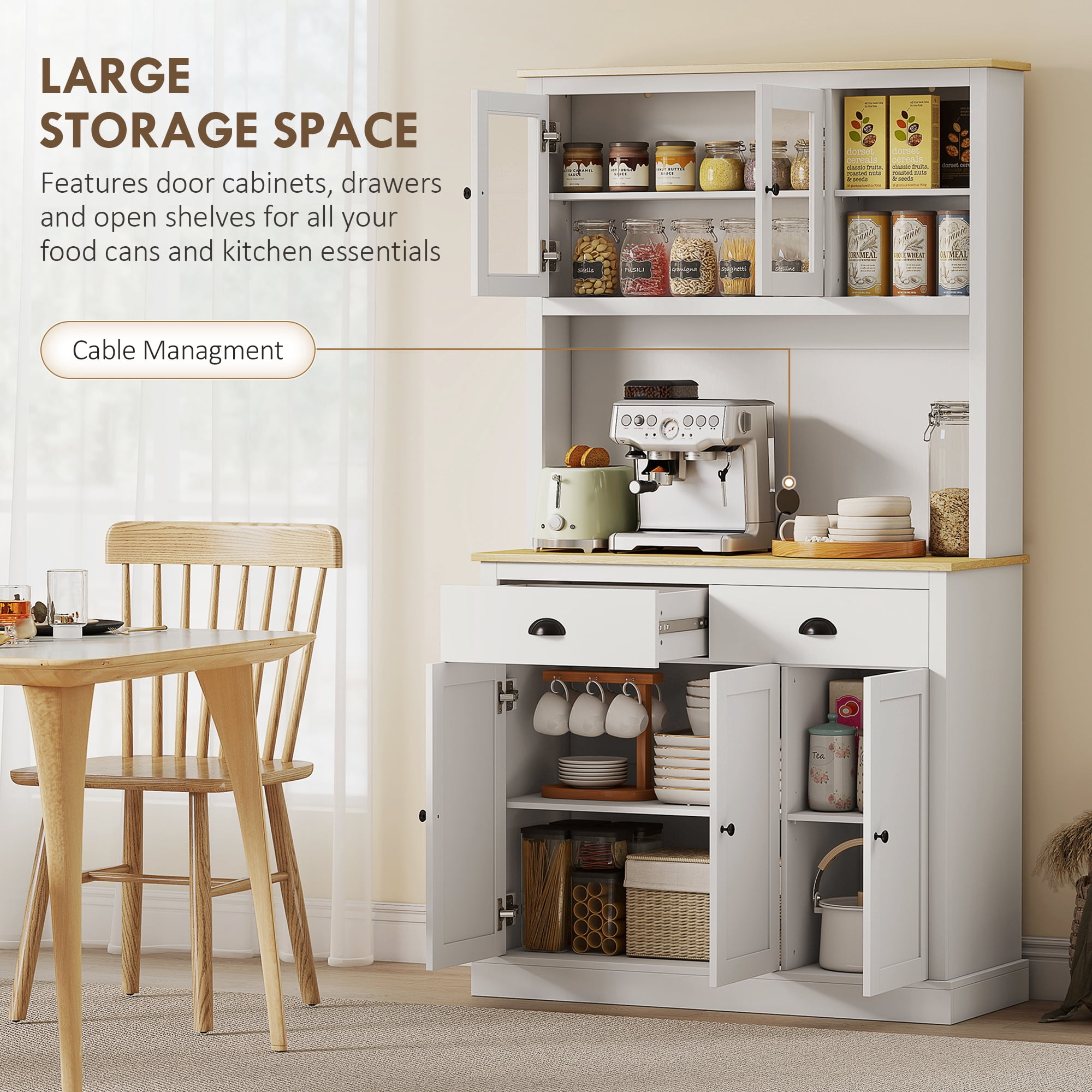 HOMCOM Freestanding Kitchen Cabinet with Wide Countertop, Tall Pantry Cabinet with Adjustable Shelves, Modern Hutch for Dining Room, White