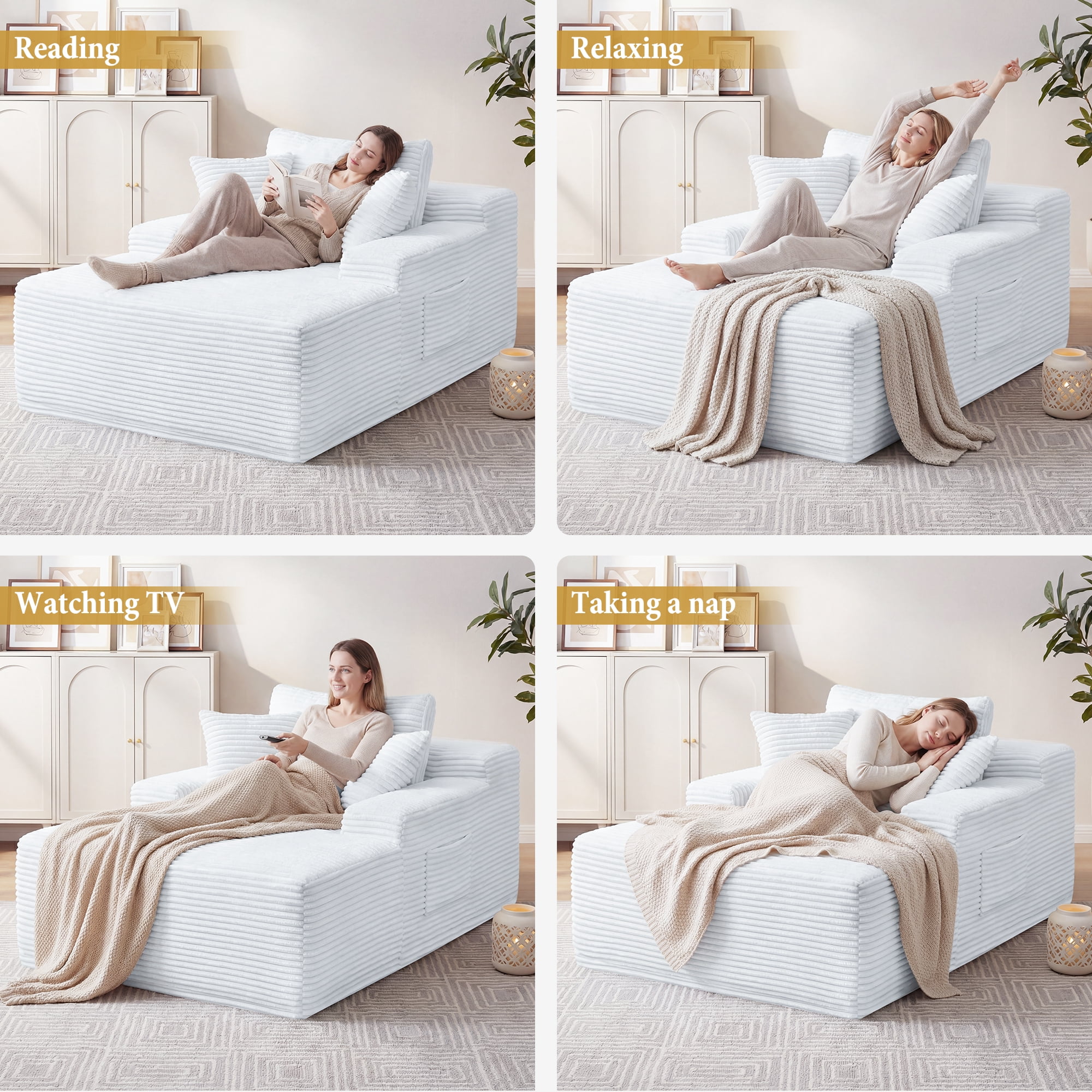 67" Corduroy Boneless Chaise Sofa for Living Room, 9.9'' Wide Armrest Lounge Chair, Indoor Oversized Sleeper Sofa, Deep Seat, 3 Soft Pillows Sofa Bed, No Assembly Required, White