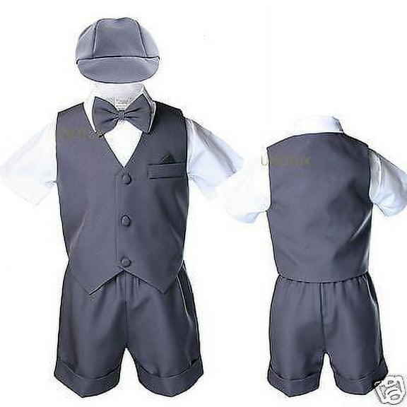 Dark Grey Gray Silver Infant Boy Toddler Formal Vest shorts Suit Outfits Sz S-4T
