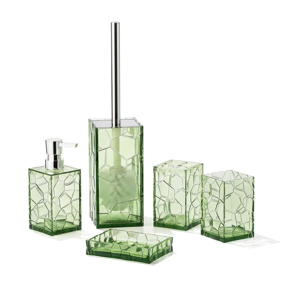 Clear Acrylic Bathroom Accessories Set - Rust-Free, Transparent Design - Includes Soap Dispenser, Toothbrush Holder, Cup, Soap Dish, and Toilet Brush 5-Piece (Teal Blue)
