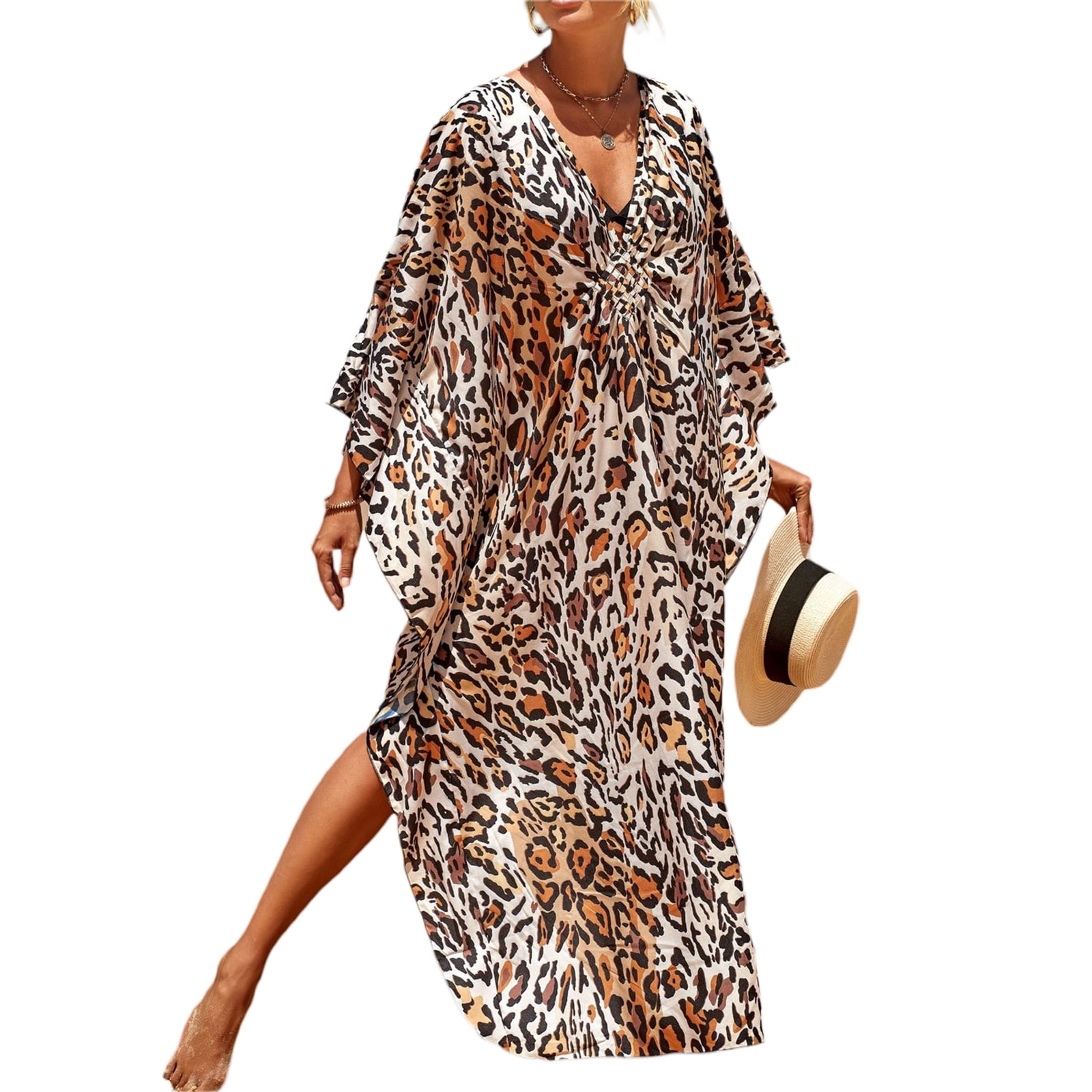 2022 Leopard Print Knitted Beach Cover up dress Tunic Long Pareos