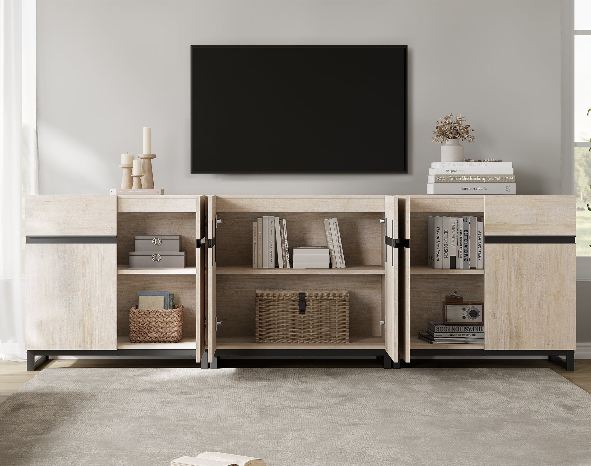 WAMPAT 94.5" TV Stand with Doors,Modern TV Stand for TVs up to 110 Inch,3 Packs Wood Entertainment Center with Adjustable Shelves & Metal Base.