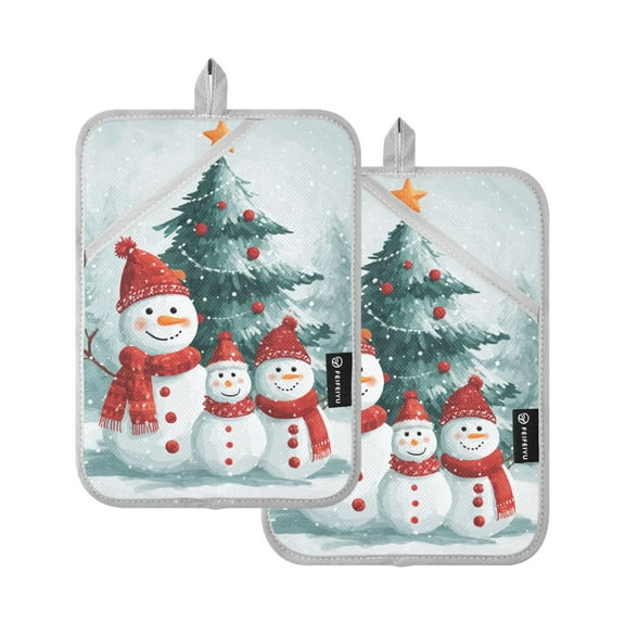 Three Cute Snowman under Christmas Tree Potholders Heat Resistant Pot Holder Set of 2 Oven Hot Pads with Pocket