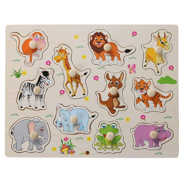 FELTECHELECTR Juguetes educativos para niños, rompecabezas de madera con agarre manual, rompecabezas de dibujos animados (patrón de animales)