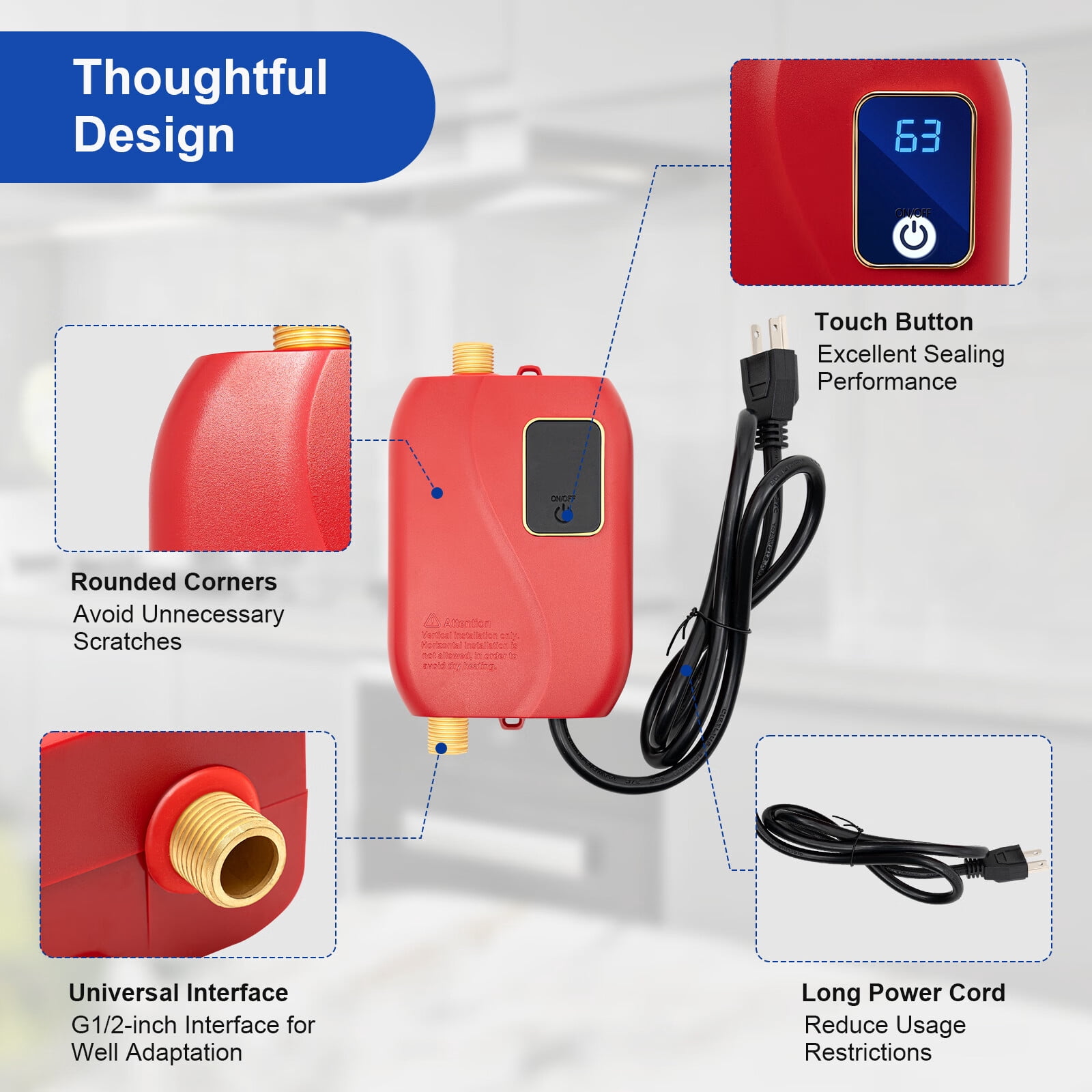 3000W Electric Tankless Water Heater 110V Mini Instant Electric Hot Water Heater Home Floor-Mounted Under Sink Water Heater for Kitchen Bathroom 20-50°C Red