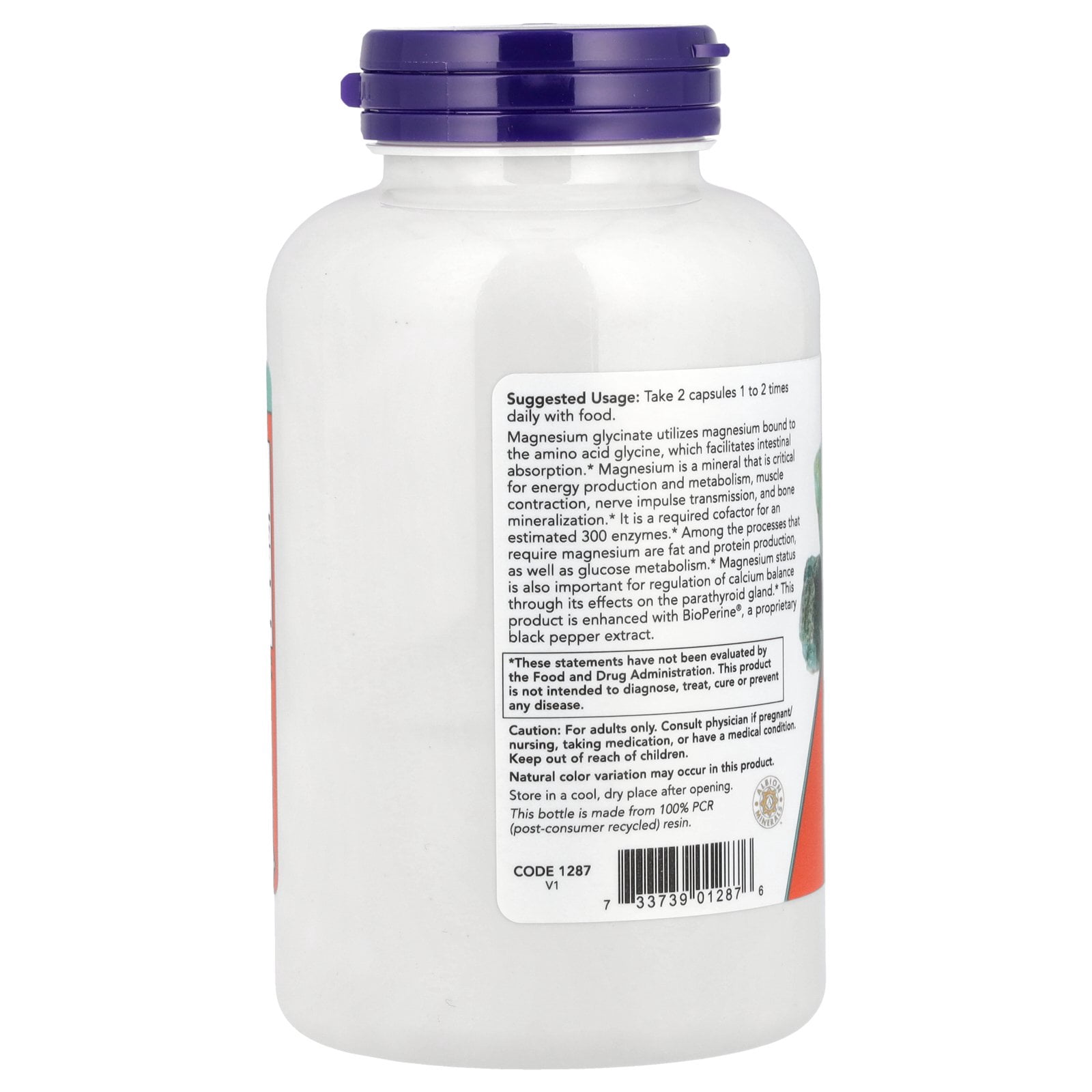 Now Supplements Magnesium Glycinate 100 mg Capsules, Highly Absorbable Form, 180 Ea