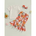 thumbnail image 3 of Kids Girls Pants Suit, Casual Street Party Short Sleeves Letters Shirt + Floral Bell-Bottoms Pants + Head Band, Cotton Blend, 3 of 7