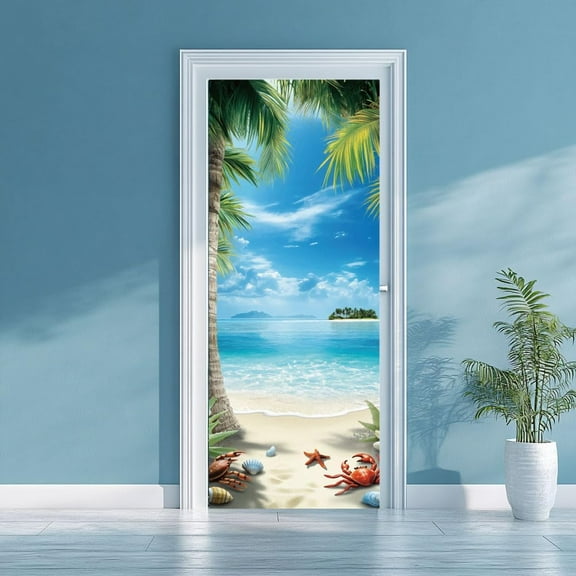 2 Pcs Self-Adhesive Door Sticker 31.5"x78.7" Summer Beach Door Murals Stickers Cocos PVC Door Removable Wallpaper Decoration