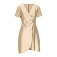 thumbnail image 4 of Bxsruta Women's V-Neck Satin Short Sleeve Pleated Dress Casual Loose Summer Midi Dress, 4 of 6