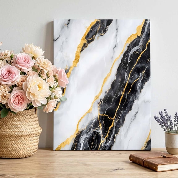 Black Marble Canvas Wall Art, Abstract Retro Framed Canvas Wall Decor Picture Print Artwork Decorations for Living Room Office Ready to Hang 16" x 12"