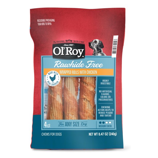 Ol' Roy Rawhide Free Wrapped Rolls with Chicken for Any Size Dogs, 4