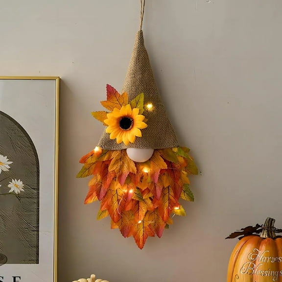Fall Garland Gnome with Maple Leaves and LED String Lights, Thanksgiving Decorations, Unique Gnome Fall Wreath for Front Door Fall Decor