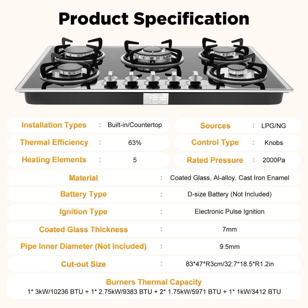 30 Inch Gas Cooktop, 5 Burner Built-in Gas Stove Top LPG/NG Convertible, Black Tempered Glass Gas Hob with Battery Pulse Ignition, 1/2" Gas Connection, Drop-in Kitchen Cooktop for Home & Restaurant