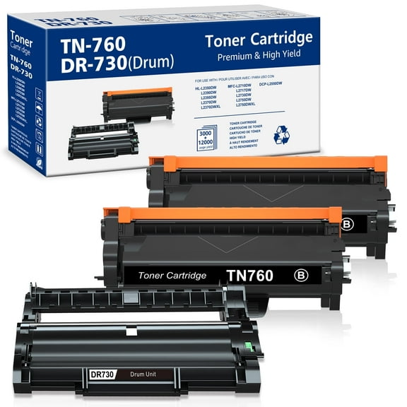 DR730 Compatible TN760 Toner Cartridge and DR730 Drum replacement for Brother TN760 TN-760 TN730 TN-730 DR730 for Brother HL-l2395dw HL-L2350DW MFC-L2710DW Printer (2 Toners, 1 Drum Unit)