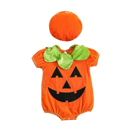 

Pudcoco Halloween Baby Girls Boys Romper Suit Cartoon Pumpkin Short Sleeve Casual Party Jumpsuit + Hat