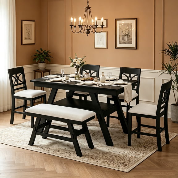 AUU Rustic 6-Piece Counter Height Dining Table Set with Storage Shelf – Wood Kitchen Table, Bench and 4 Chairs, Espresso Finish with Beige Cushions