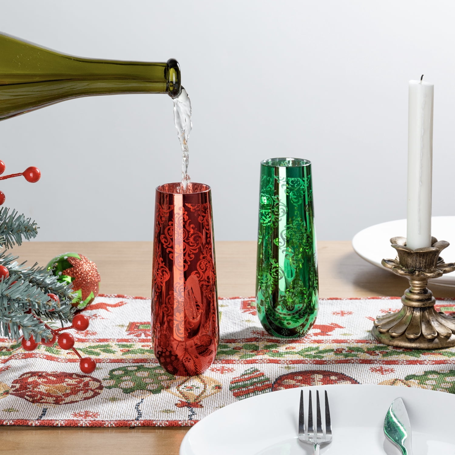 MyGift Set of 4 Modern Christmas Champagne Flutes 9 oz Stemless Sparkling Wine Glasses with Baroque Pattern Multicolored Holiday Drinkware for Parties Home Entertaining