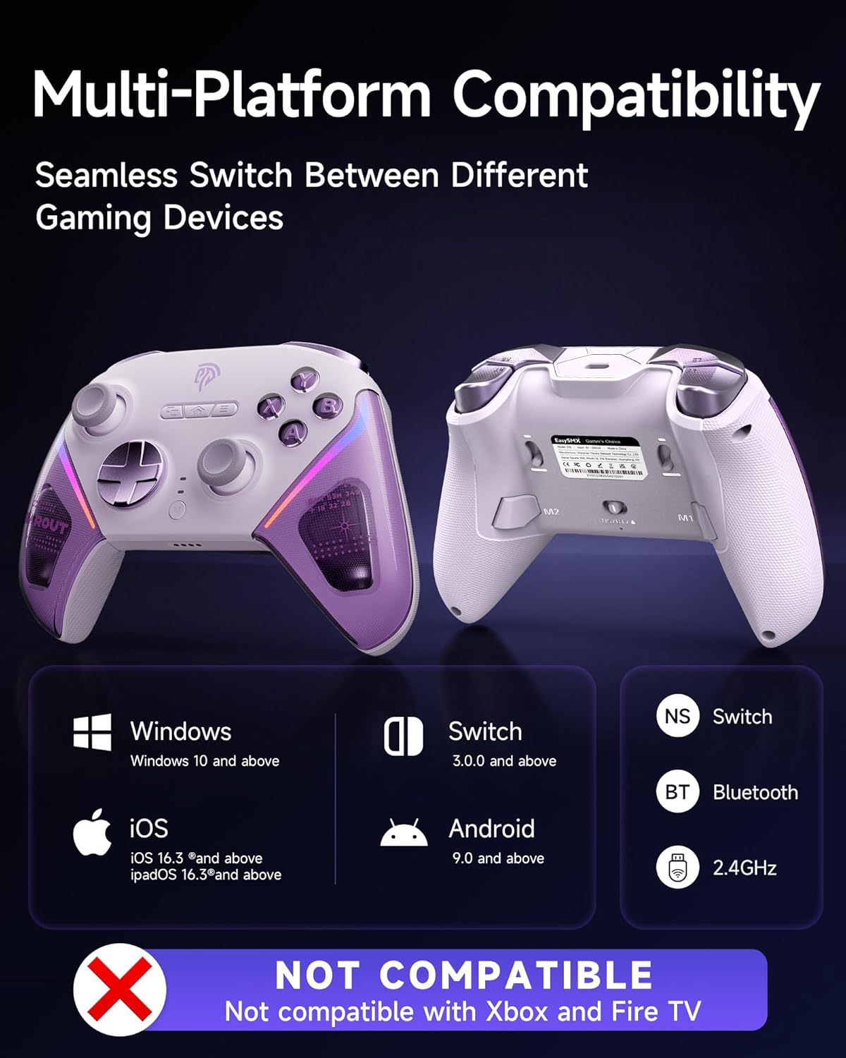 EasySMX D10 Wireless Bluetooth Controller, Pro PC Gamepad with TMR Joystick, Dual-Mode Triggers, Mechanical Buttons and RGB Lighting, Compatible with PC/Switch/Android/iOS
