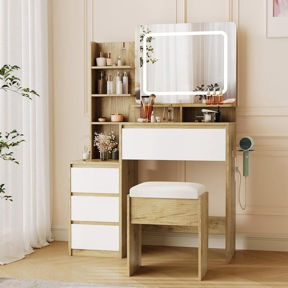 Vanity Desk with LED Mirror and Lights, 36" Makeup Dressing Table with Charging Station, 4 Drawers, and Stool,Natural