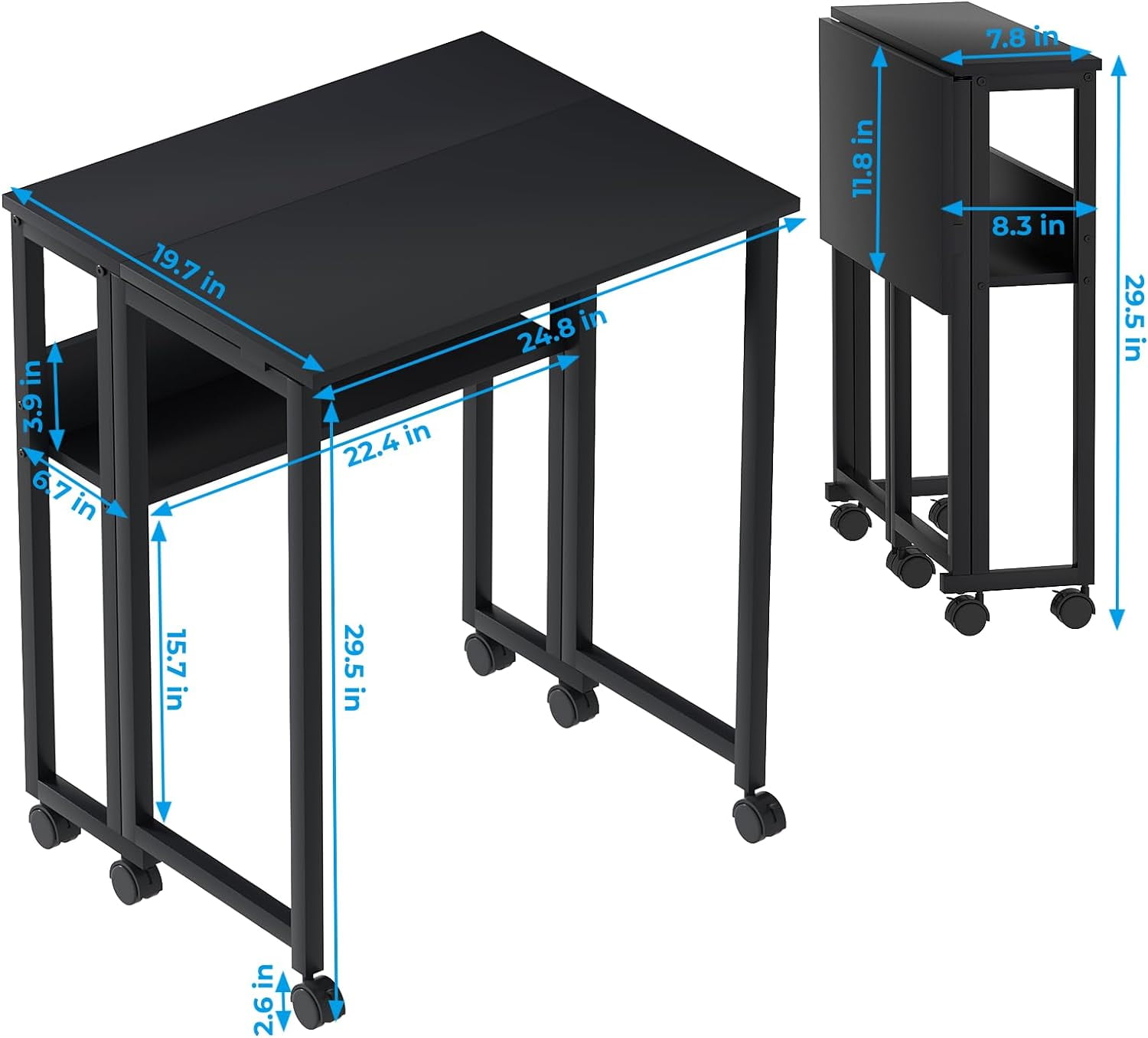 Folding Desk Small Rolling Desk with Storage Shelf,24.8 inch Foldable Computer Desk with Wheels for Small Space,Easy Assembly,Black