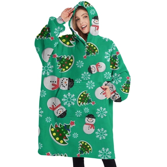 Oversized Wearable Blanket Hoodie,Green Christmas Snowman Pattern Sherpa Blanket Hoodie with Super Pockets,Super Warm Fuzzy Pullover for Women & Men