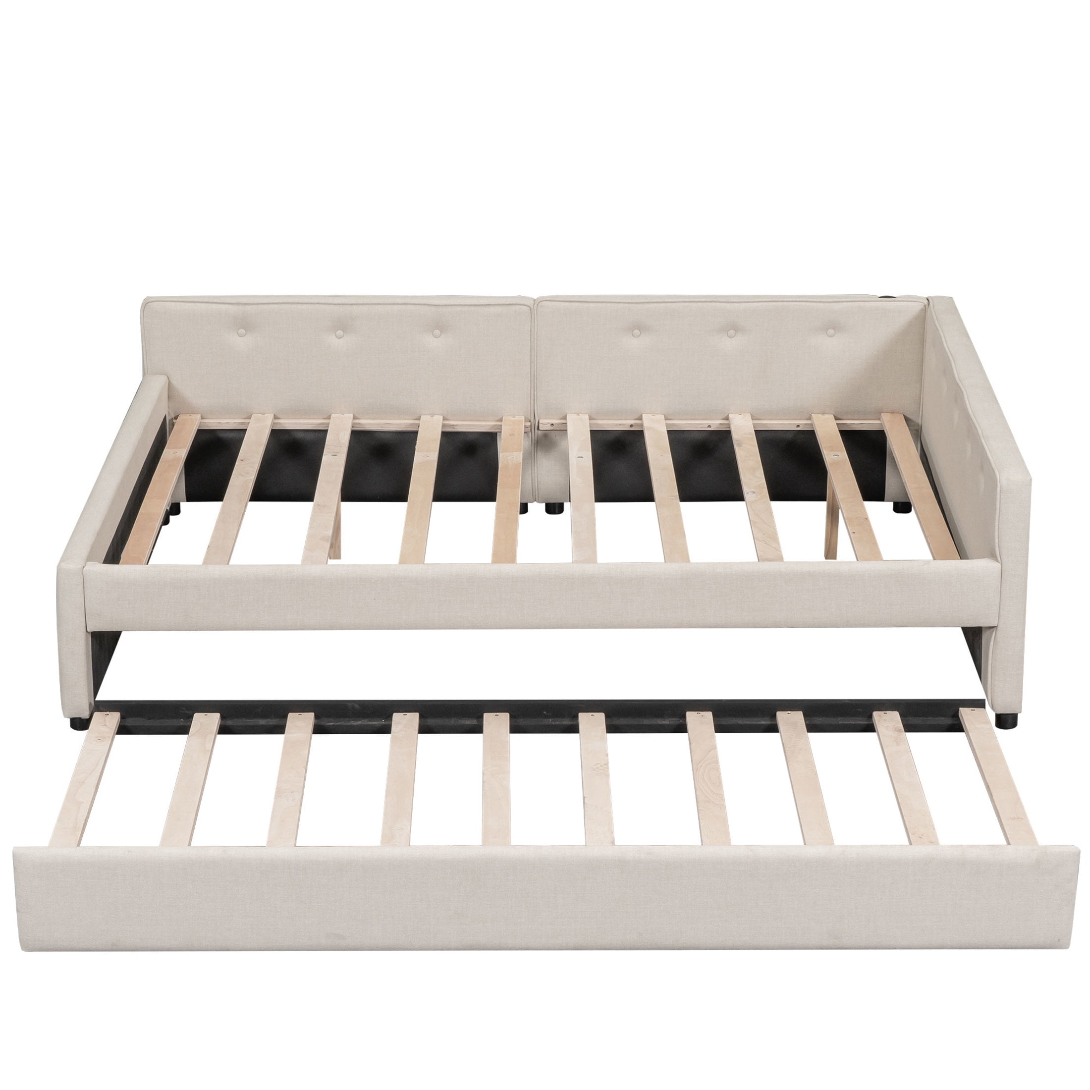 Noble House Felix Full Upholstered Platform Bed, Modern Linen Frame with Twin Trundle and USB Ports, Beige