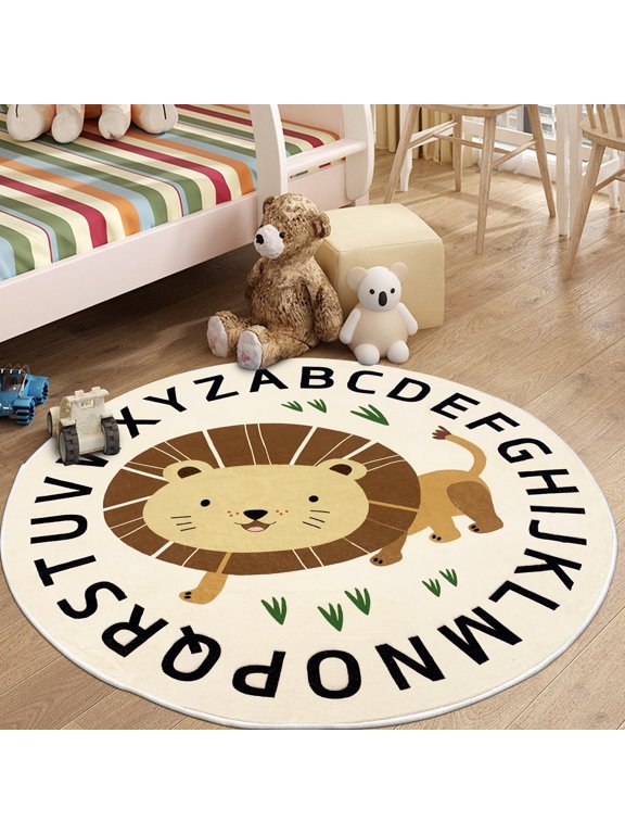 Kids Rug Lion Jungle Animal Play Mat 4Ft Round ABC Alphabet Area Rug Circle Boys Girls Bedroom Rug Floor Carpet Playroom Rug Nonslip Crawling Nursery Rug for Children Room, Waking