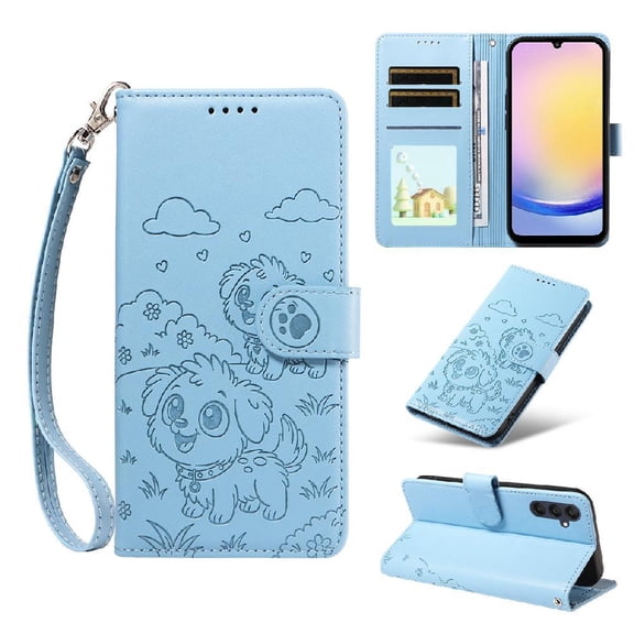 Case for Samsung Galaxy A25 5g Wrist Strap Pocket Dog Embossed Leather Card Slot Holders