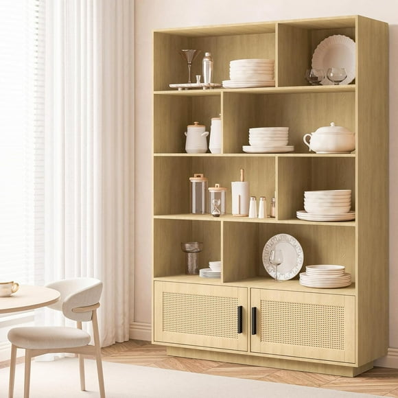 5 Tier Tall Bookshelf with Display Shelves, Rattan Classical Book Shelf with Storage, 5 Storage Bookcase with Metal Frame for Living Room, Bedroom and Home Office