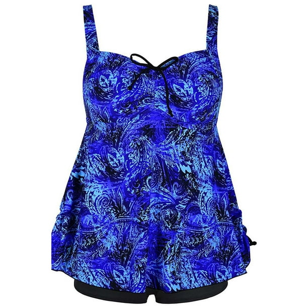Angelique Plus Size Blue Swirl Fashion Print Tie Back Swimsuit