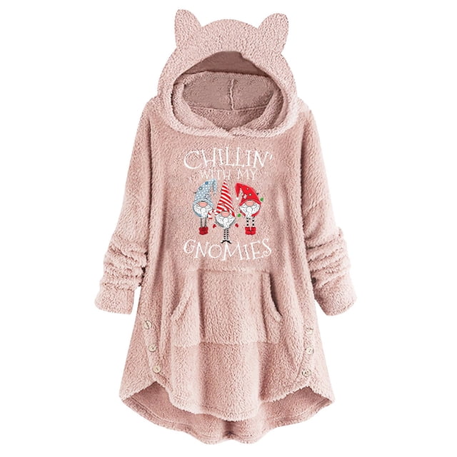 Abrigo de Invierno de Navidad Para Mujer Tops de Felpa Botones de Impresión Casual Abrigo de Felpa Con Capucha de Manga Larga Odeerbi ODB193315
