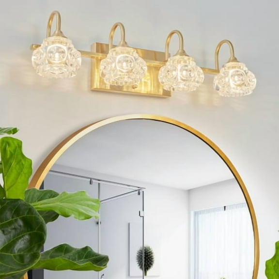Hi-LIGHTS,Retro 4-Light Bathroom Vanity Light Fixture with Crystal Glass Shades(Bulbs Not Included),Wall Mounted Lighting for Bathroom,Dressing Room,Powder Room and Vanity Mirror(Golden)