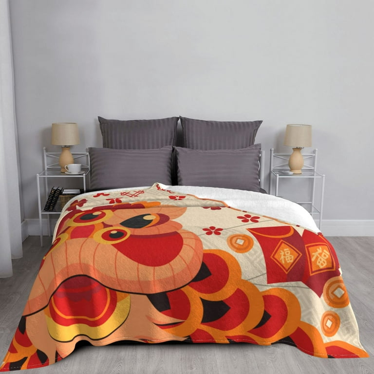 Asian Lion Pattern Throw Blanket Super Soft Anti Pilling Flannel Bed Blankets 60
