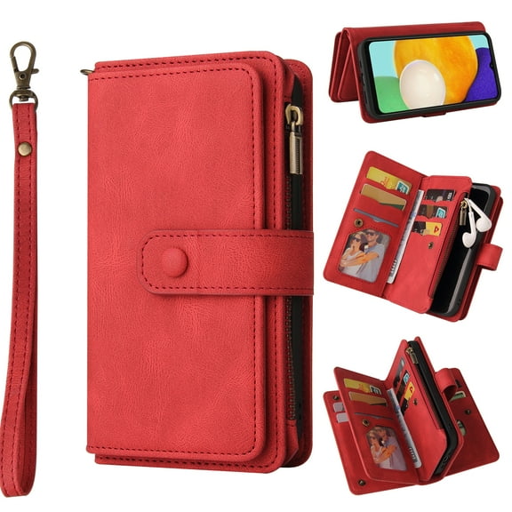 Nalacover Wallet Case for Samsung Galaxy A14 5G, [15 Card Slots] [Zipper Pocket] Vintage PU Leather Flip Folio Cover with Magnetic [Wrist Strap] [Kickstand] Skin-Feeling Shockproof Case, Red