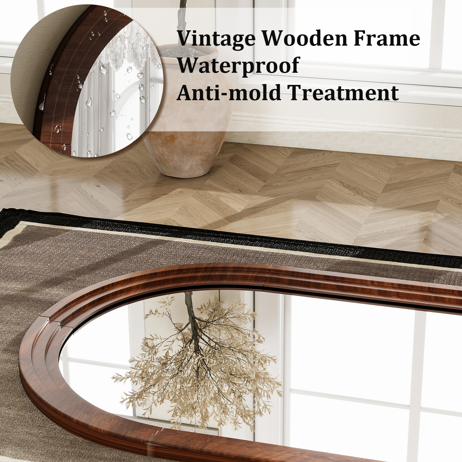 BeautyPeak 40" x 30" Arched Wooden Frame Bathroom Mirror, Brown photo 4