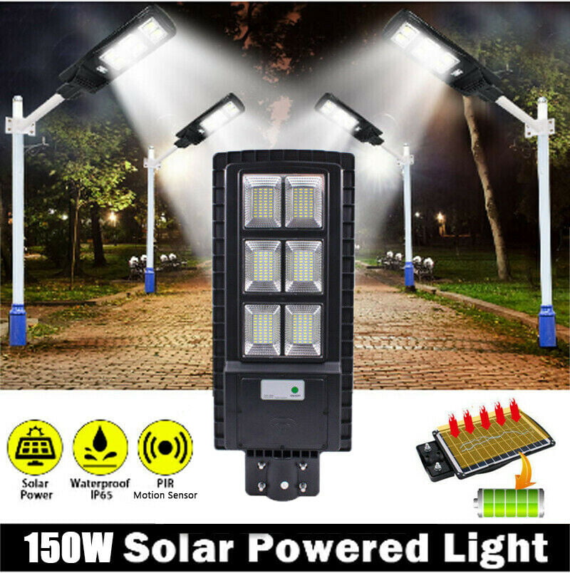 Outdoor Commercial 150W Solar LED Street Light Dusk to Dawn PIR Pole Spotlight 