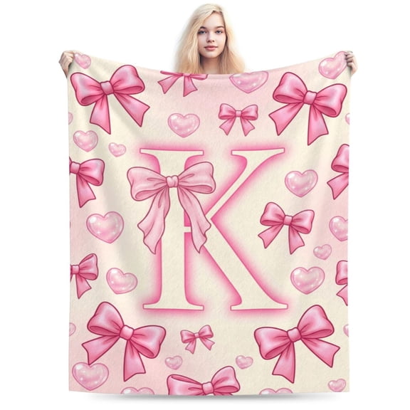 Coquette Pink Bow Throw Blanket, Letter K Design, Soft Fluffy Cozy Flannel Blanket, Gift for Daughter & Women, Bedroom, Office Decor 50x40