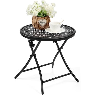 EVELOMO 2-Pack Outdoor Side Tables - Black Metal Round Patio Tables With Floral Design, 17-inch Height