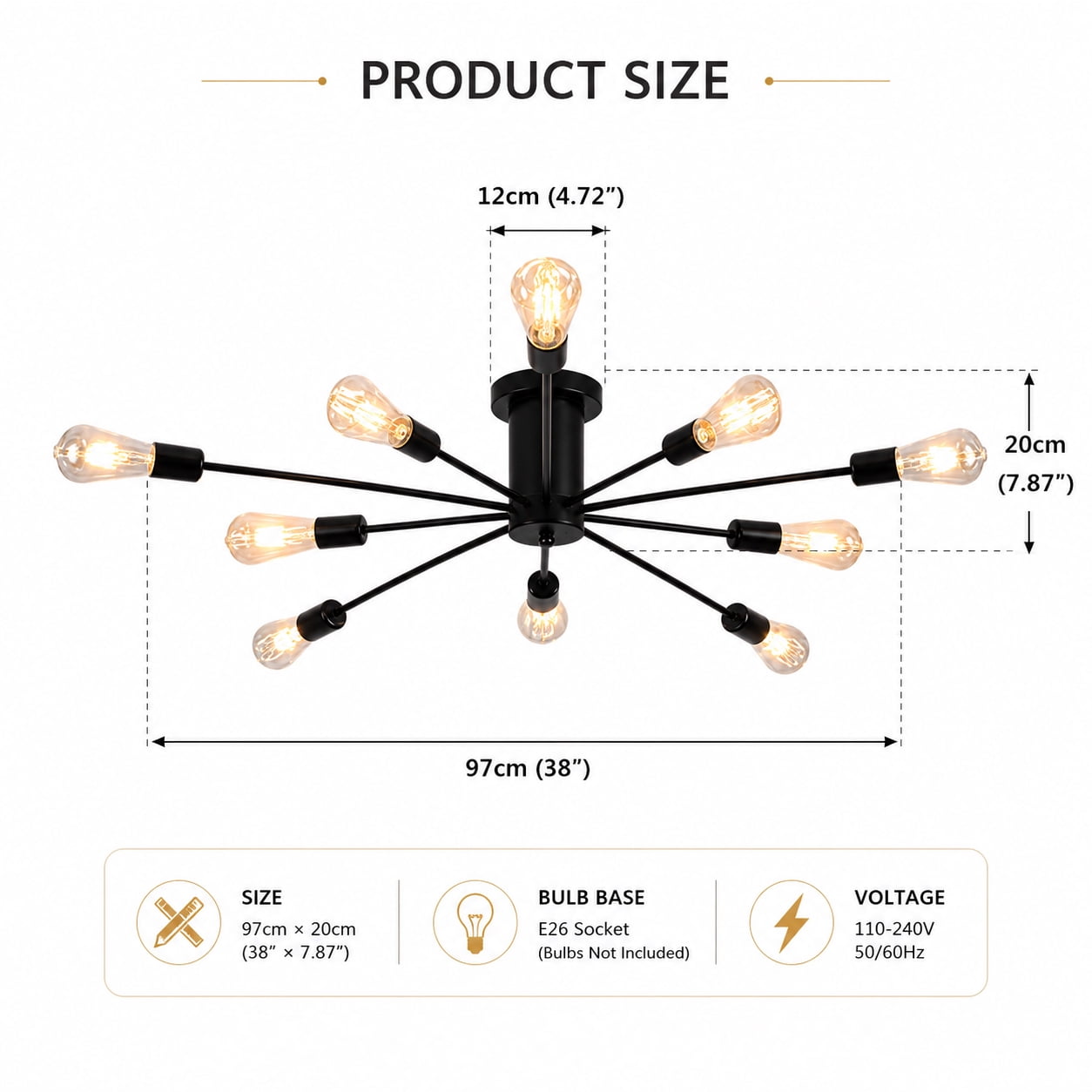 Garwarm 10-Light Black Sputnik Chandelier, Modern Semi Flush Mount Ceiling Light, Industrial Ceiling Lighting Fixture for Dining Room, Living Room, Bedroom, Kitchen, Foyer