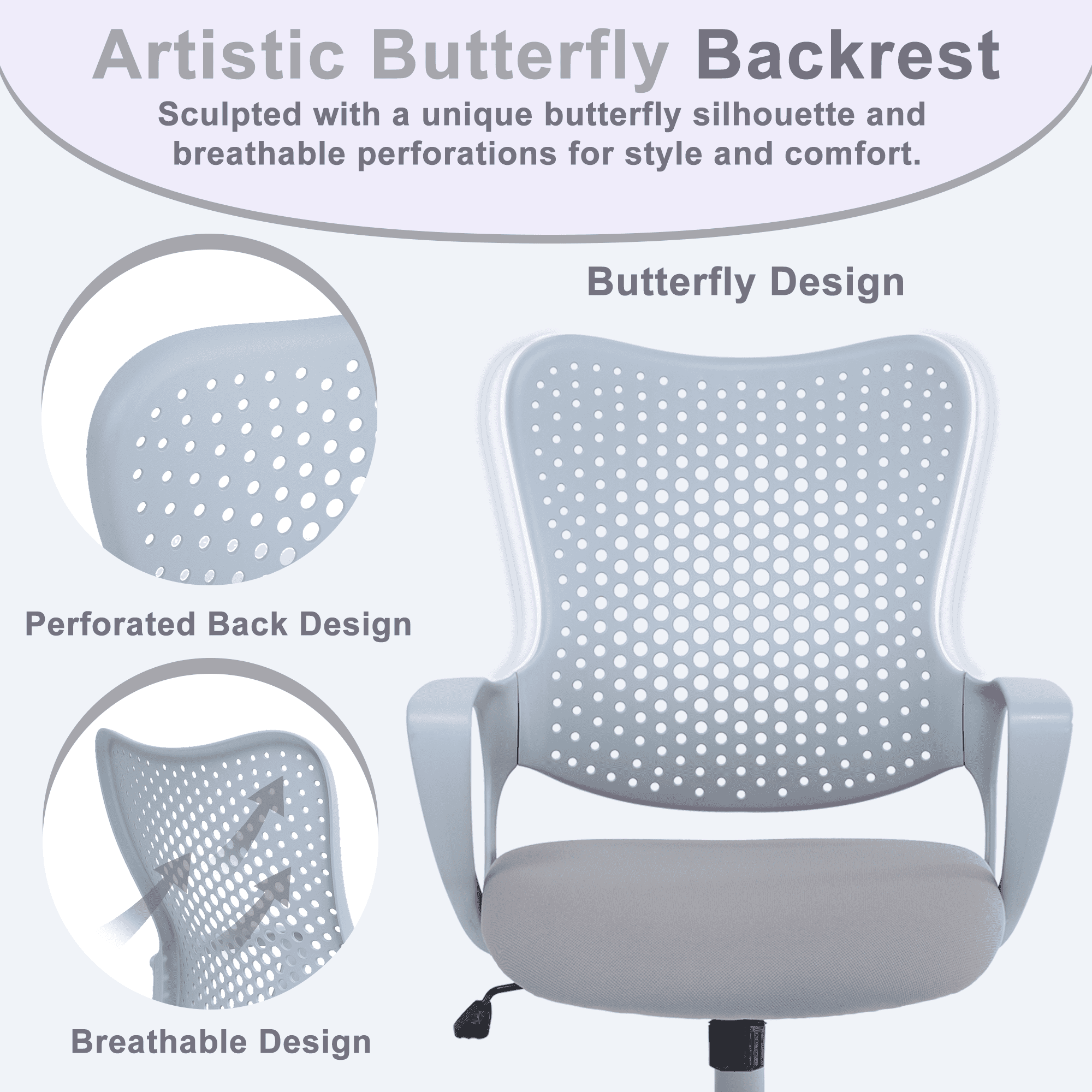 ENYLAY Ergonomic Office Chair, Breathable Mesh Computer Desk Chair with Armrests & Rolling Swivel, Butterfly Back Design Task Chair for Home Office, Adults Teens (Gray)