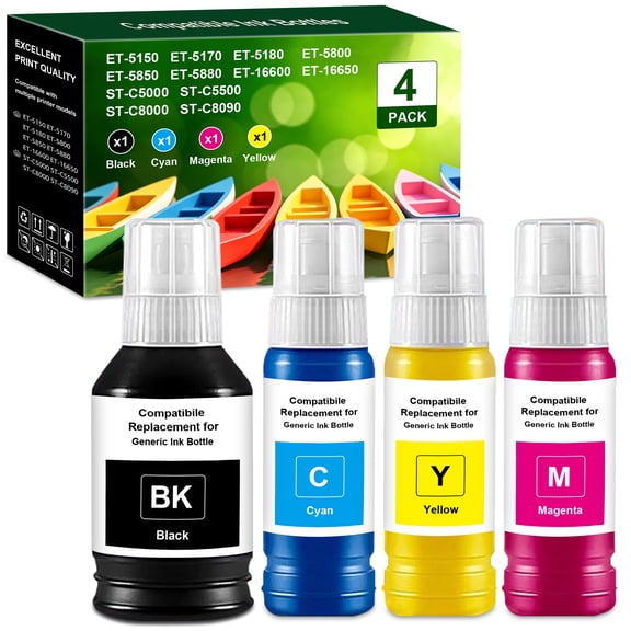 Compatible for Ink Cartridges 4 Pack Replacement for Ink Bottles Use with ET-5150 ET-5170 ET-5800 Ink Refill ET-5180 ET-5850 ET-5880 ET-16600 Printer