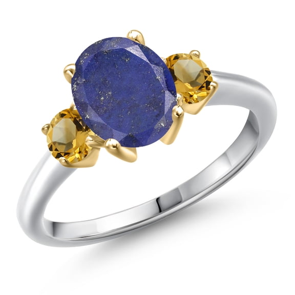 Gem Stone King 925 Silver and 10K Yellow Gold Blue Lapis and Yellow Citrine Engagement Ring for Women | 2.51 Cttw | Oval 9X7MM | Gemstone Birthstone | Size 9