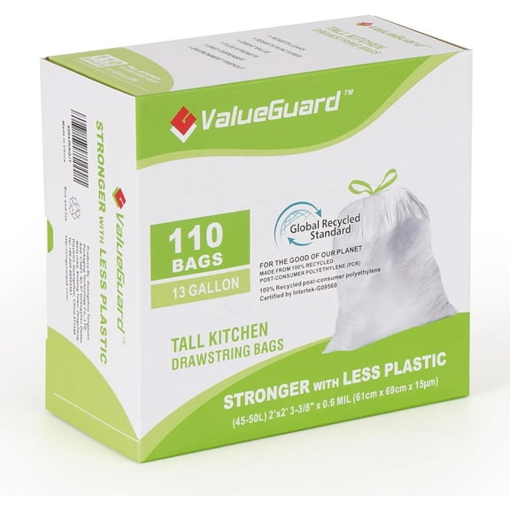 Valueguard Strong Flex 13-Gallon Drawstring Tall Kitchen Trash Bags,  110 Bags